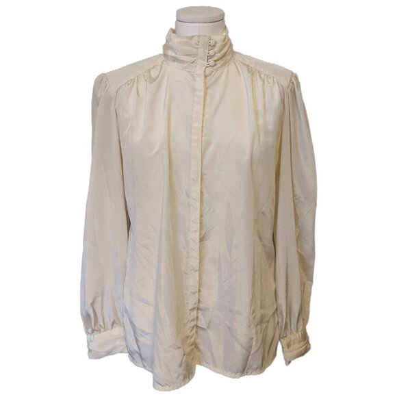 Vintage 80s Cream Satin High Neck Blouse Secretary Top Button Up Retro Sz 14 - Picture 2 of 10